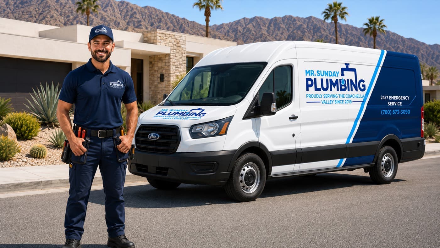 Mr. Sunday Plumbing technician and branded service van in front of a Palm Springs home with mountains in the background