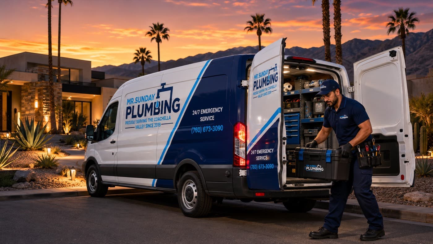 Mr. Sunday Plumbing branded service van at dusk